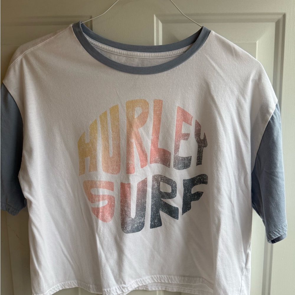 Hurley White Tee with Light Blue Ringer & Surf Graphic